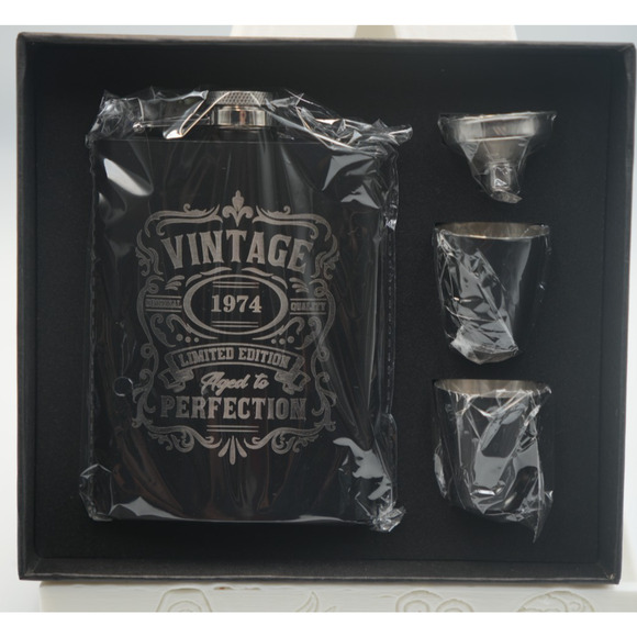 Vintage 1974 Flask Gift Set – 4pc Stainless Steel “Aged to Perfection” Kit NEW - Picture 1 of 1